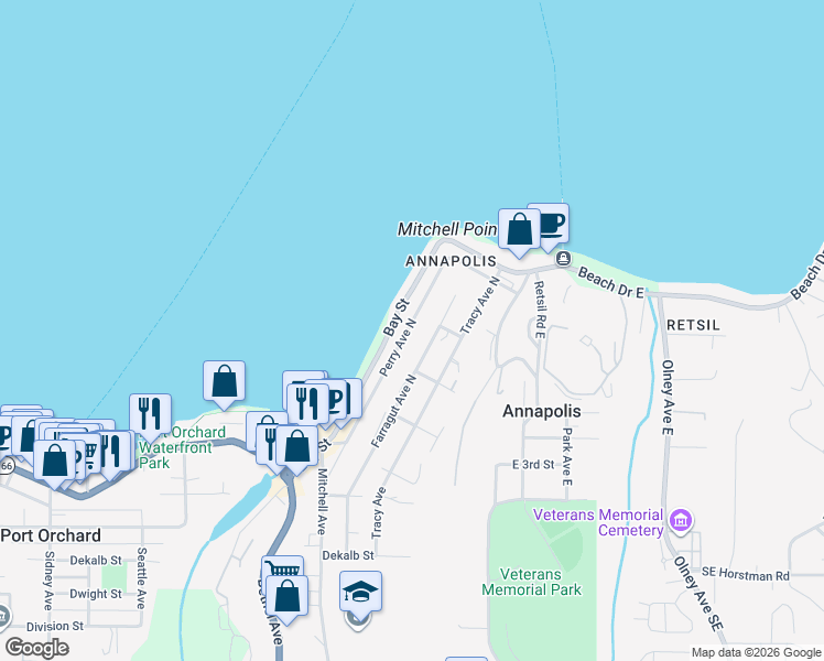 map of restaurants, bars, coffee shops, grocery stores, and more near 451 Perry Avenue North in Port Orchard