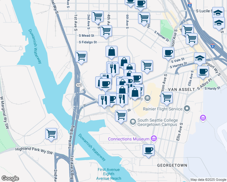 map of restaurants, bars, coffee shops, grocery stores, and more near 6220 4th Avenue South in Seattle