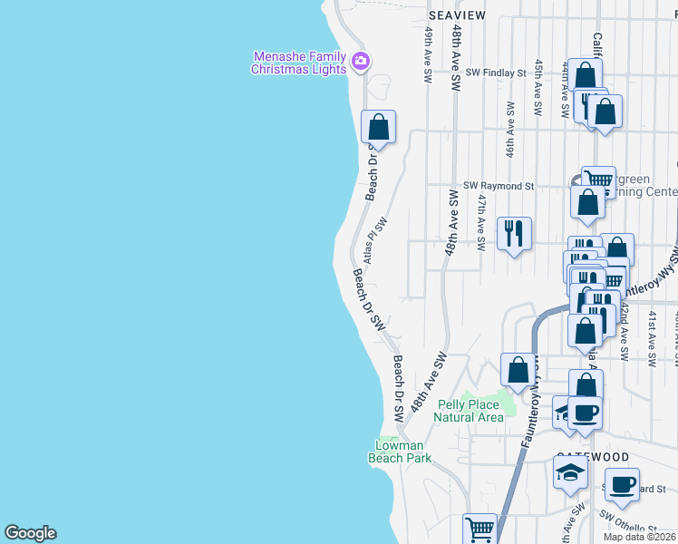 map of restaurants, bars, coffee shops, grocery stores, and more near 6325 Beach Drive Southwest in Seattle