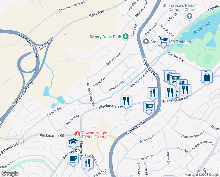map of restaurants, bars, coffee shops, grocery stores, and more near 16 Carlow Place in St. John's