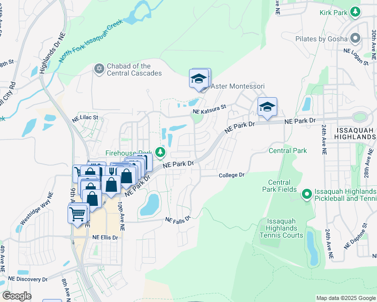 map of restaurants, bars, coffee shops, grocery stores, and more near 1392 Huckleberry Circle in Issaquah