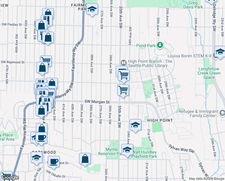 map of restaurants, bars, coffee shops, grocery stores, and more near 6320 36th Avenue Southwest in Seattle