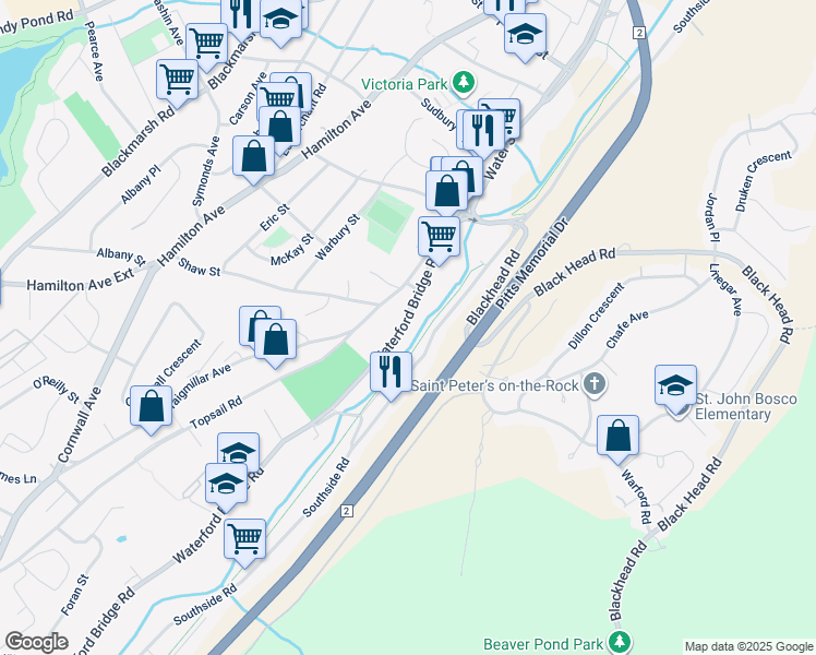 map of restaurants, bars, coffee shops, grocery stores, and more near 27 Waterford Bridge Road in St. John's