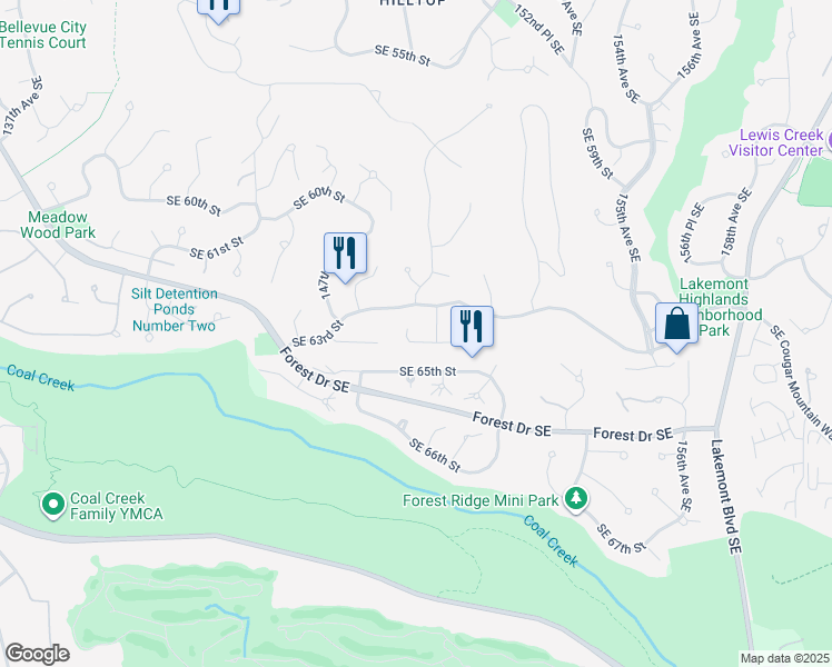 map of restaurants, bars, coffee shops, grocery stores, and more near 14923 Southeast 64th Street in Bellevue
