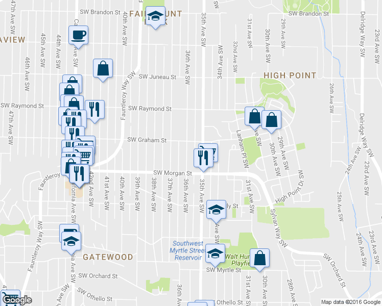 map of restaurants, bars, coffee shops, grocery stores, and more near 6320 36th Avenue Southwest in Seattle