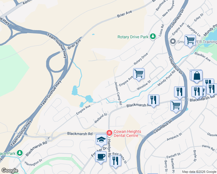 map of restaurants, bars, coffee shops, grocery stores, and more near 11 Jensen Camp Place in St. John's