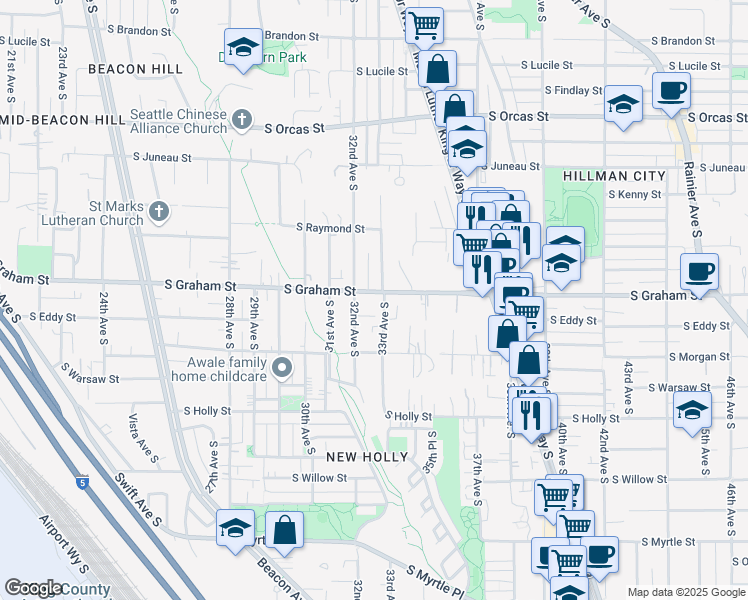 map of restaurants, bars, coffee shops, grocery stores, and more near 6325 33rd Avenue South in Seattle