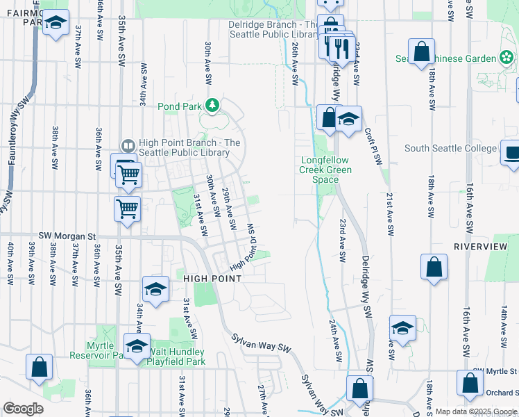 map of restaurants, bars, coffee shops, grocery stores, and more near 6423 High Point Drive Southwest in Seattle