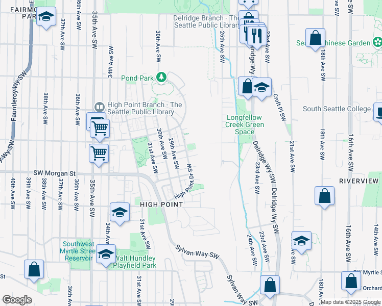 map of restaurants, bars, coffee shops, grocery stores, and more near 6423 High Point Drive Southwest in Seattle