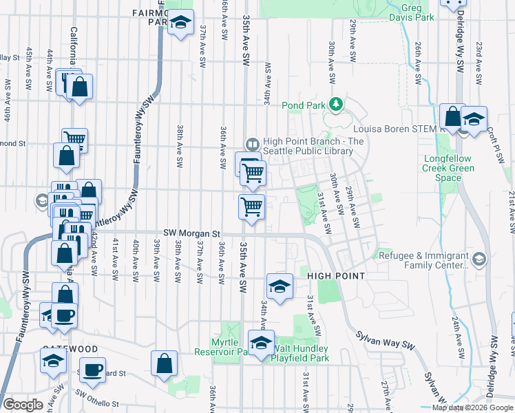 map of restaurants, bars, coffee shops, grocery stores, and more near 6330 35th Avenue Southwest in Seattle