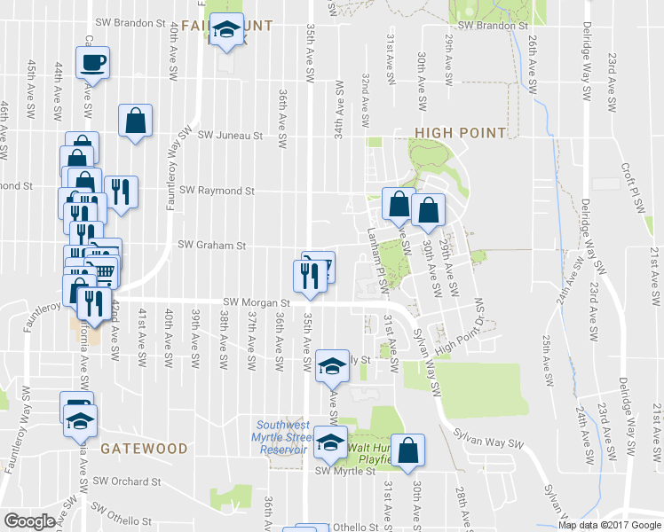 map of restaurants, bars, coffee shops, grocery stores, and more near 6321 34th Avenue Southwest in Seattle