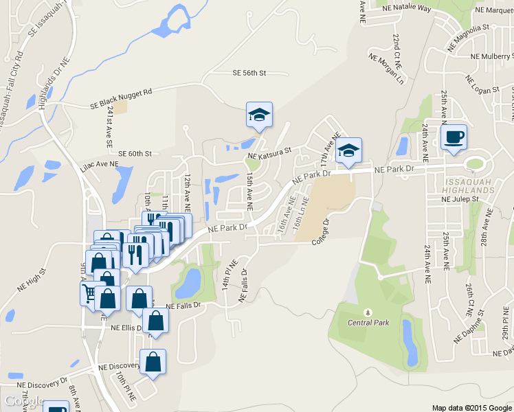 map of restaurants, bars, coffee shops, grocery stores, and more near 1460 Northeast Hawthorne Street in Issaquah