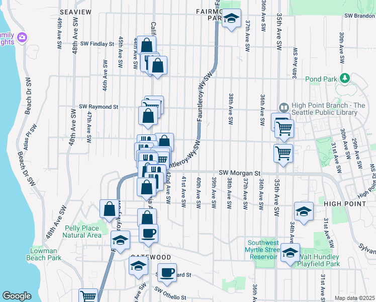 map of restaurants, bars, coffee shops, grocery stores, and more near 6337 40th Avenue Southwest in Seattle