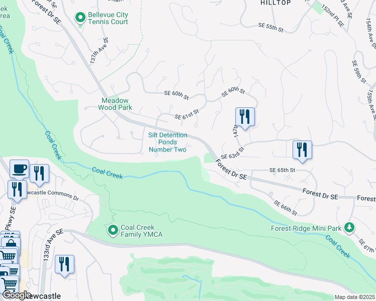 map of restaurants, bars, coffee shops, grocery stores, and more near 14341 Southeast 63rd Street in Bellevue