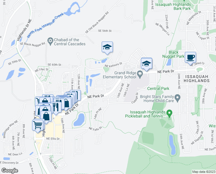 map of restaurants, bars, coffee shops, grocery stores, and more near 1460 Northeast Hawthorne Street in Issaquah