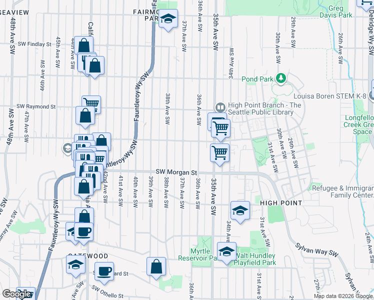 map of restaurants, bars, coffee shops, grocery stores, and more near 6314 37th Avenue Southwest in Seattle