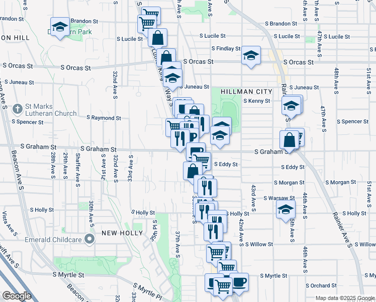 map of restaurants, bars, coffee shops, grocery stores, and more near Martin Luther King Jr Way S & S Graham St in Seattle