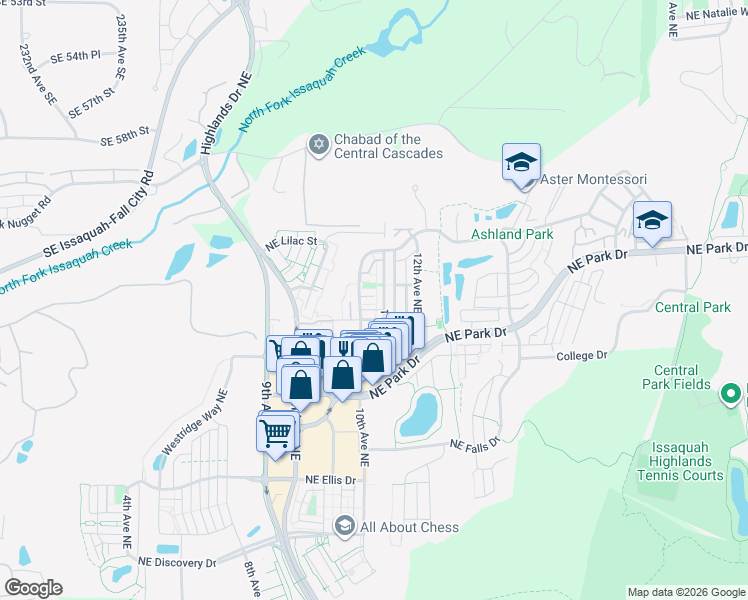 map of restaurants, bars, coffee shops, grocery stores, and more near 1004 Northeast Ingram Street in Issaquah