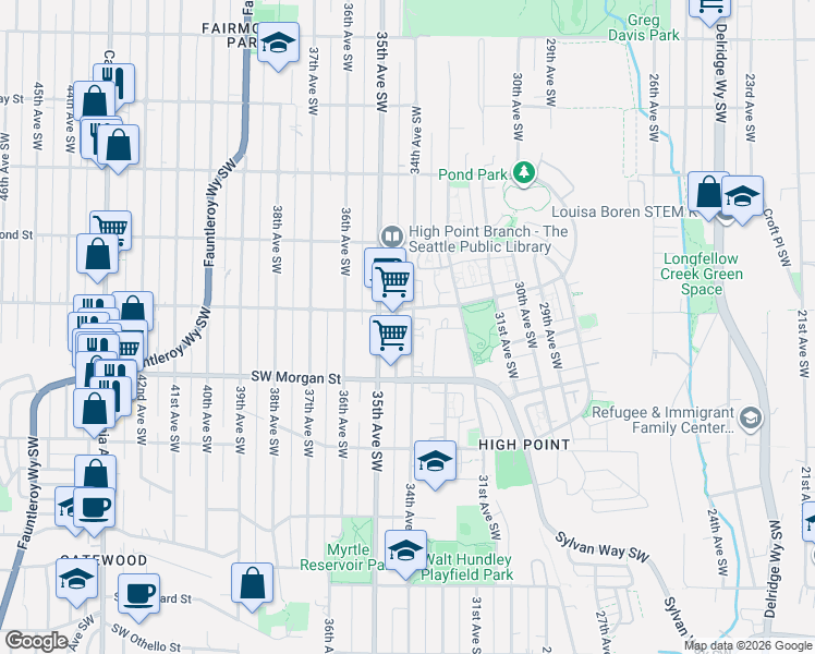 map of restaurants, bars, coffee shops, grocery stores, and more near 6330 35th Avenue Southwest in Seattle