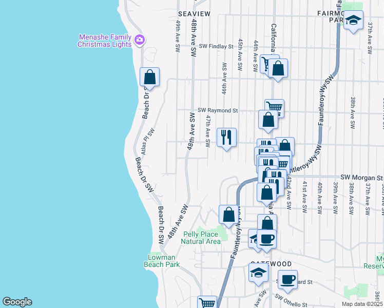 map of restaurants, bars, coffee shops, grocery stores, and more near 6412 48th Avenue Southwest in Seattle