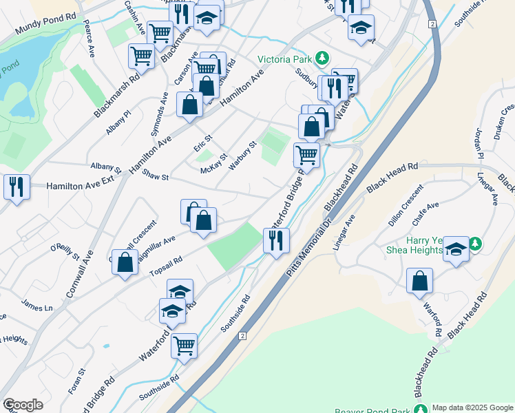 map of restaurants, bars, coffee shops, grocery stores, and more near 32 Topsail Road in St. John's