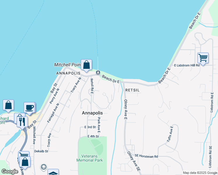map of restaurants, bars, coffee shops, grocery stores, and more near 1141 Beach Drive East in Port Orchard