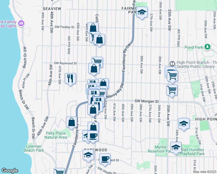 map of restaurants, bars, coffee shops, grocery stores, and more near 6407 Fauntleroy Way Southwest in Seattle