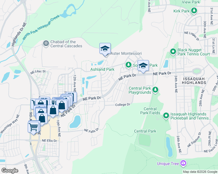 map of restaurants, bars, coffee shops, grocery stores, and more near 1573 Northeast Hawthorne Square in Issaquah