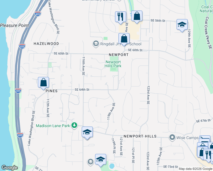 map of restaurants, bars, coffee shops, grocery stores, and more near 11815 Southeast 64th Street in Bellevue