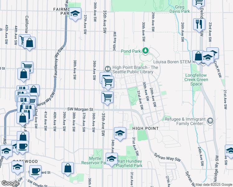 map of restaurants, bars, coffee shops, grocery stores, and more near 6336 34th Avenue Southwest in Seattle