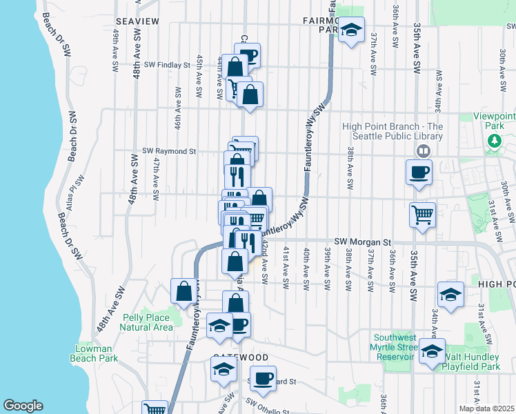 map of restaurants, bars, coffee shops, grocery stores, and more near in Seattle
