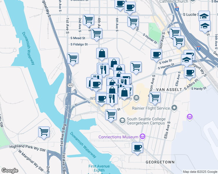 map of restaurants, bars, coffee shops, grocery stores, and more near 503 South Michigan Street in Seattle