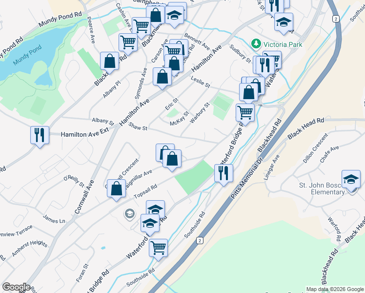 map of restaurants, bars, coffee shops, grocery stores, and more near 8 Davidson Place in St. John's