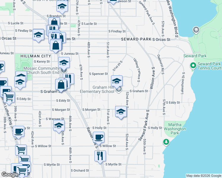 map of restaurants, bars, coffee shops, grocery stores, and more near 6202 51st Avenue South in Seattle