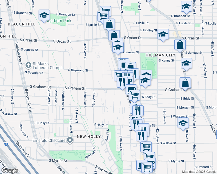 map of restaurants, bars, coffee shops, grocery stores, and more near 6021 36th Avenue South in Seattle