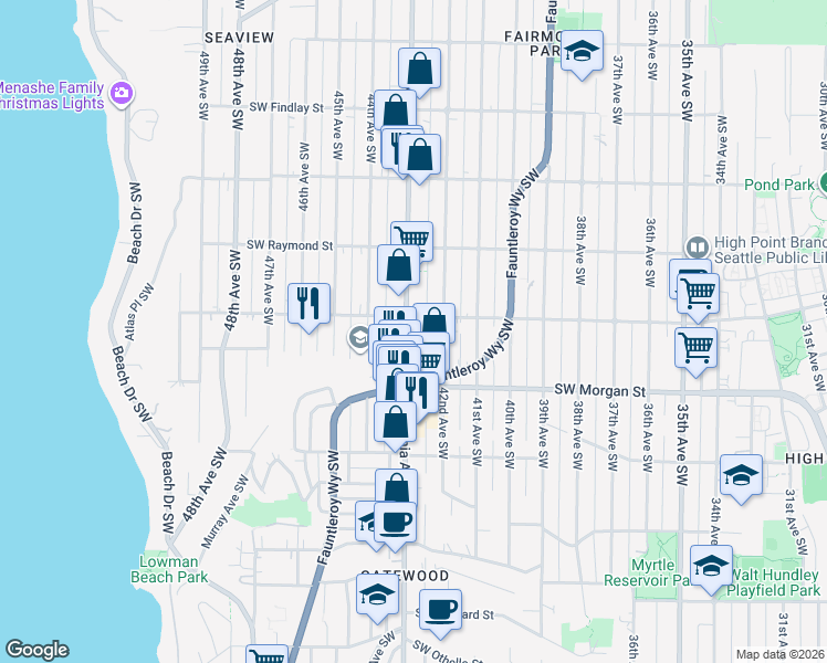 map of restaurants, bars, coffee shops, grocery stores, and more near 6312 California Avenue Southwest in Seattle