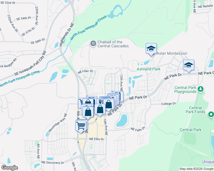 map of restaurants, bars, coffee shops, grocery stores, and more near 1830 10th Avenue Northeast in Issaquah