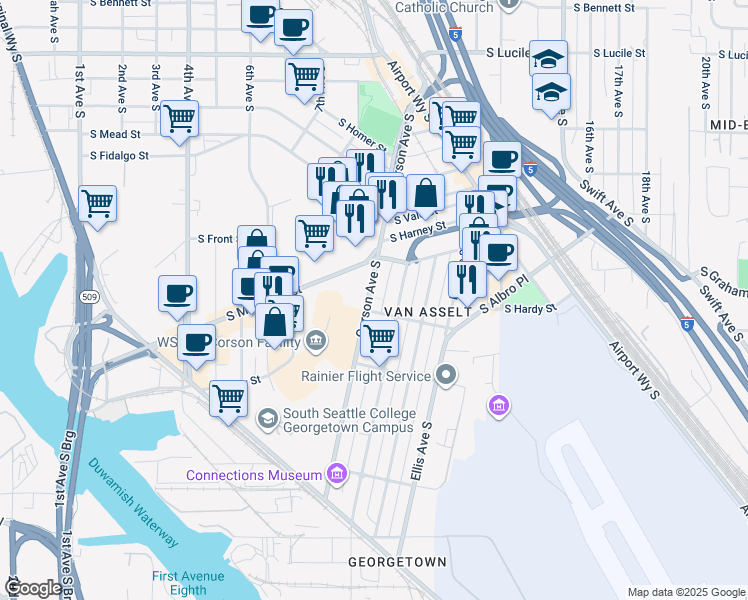map of restaurants, bars, coffee shops, grocery stores, and more near 6205 Corson Avenue South in Seattle
