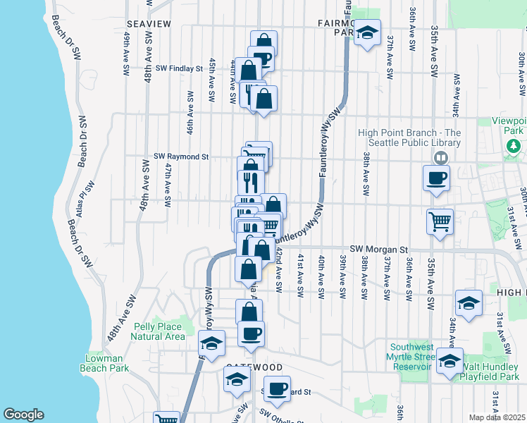 map of restaurants, bars, coffee shops, grocery stores, and more near 6056 California Avenue Southwest in Seattle