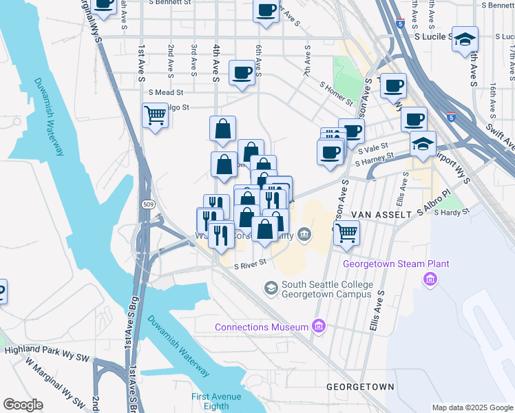 map of restaurants, bars, coffee shops, grocery stores, and more near 6133 6th Avenue South in Seattle