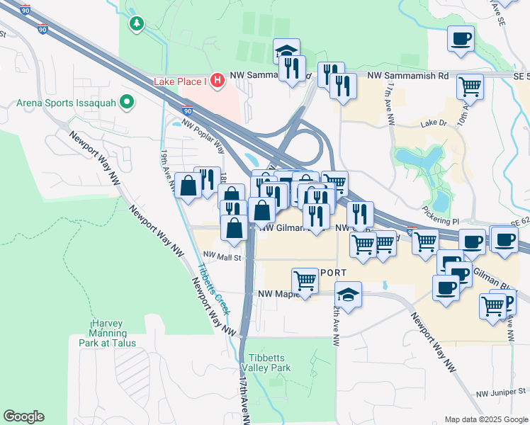 map of restaurants, bars, coffee shops, grocery stores, and more near 1640 Northwest Gilman Boulevard in Issaquah