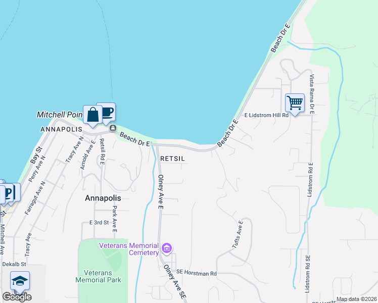 map of restaurants, bars, coffee shops, grocery stores, and more near 1253 Beach Drive East in Port Orchard