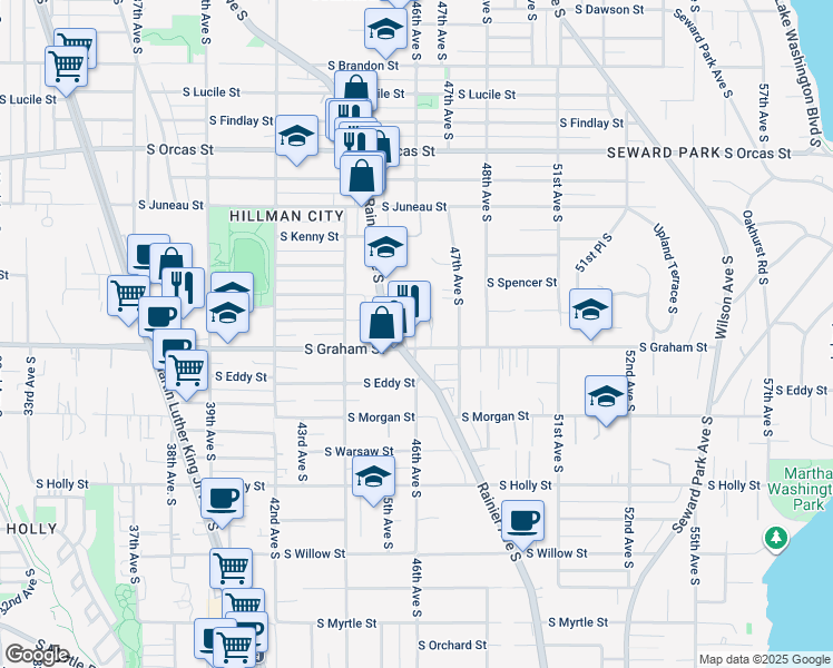 map of restaurants, bars, coffee shops, grocery stores, and more near 6201 46th Avenue South in Seattle