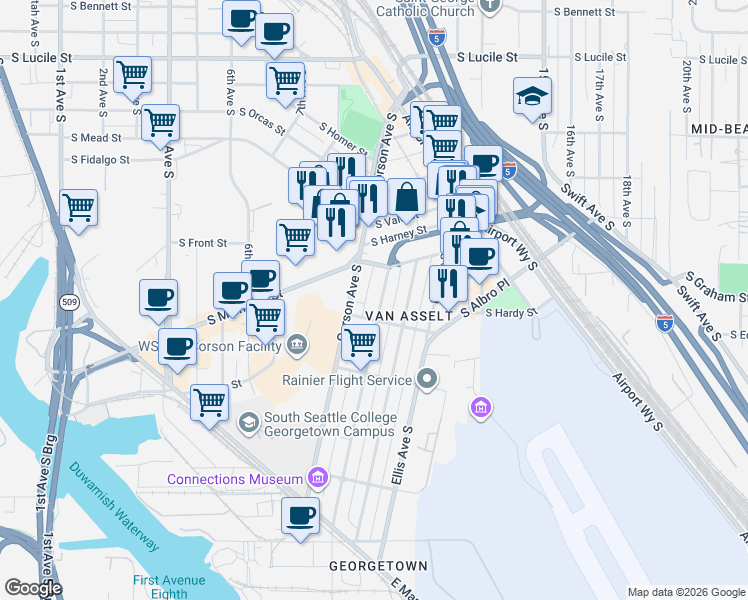 map of restaurants, bars, coffee shops, grocery stores, and more near 6211 Carleton Avenue South in Seattle