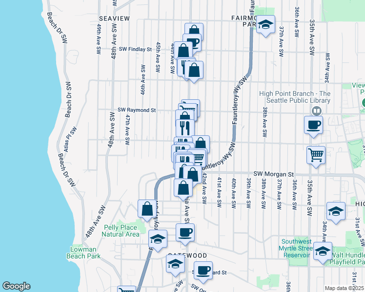 map of restaurants, bars, coffee shops, grocery stores, and more near 6067 California Avenue Southwest in Seattle