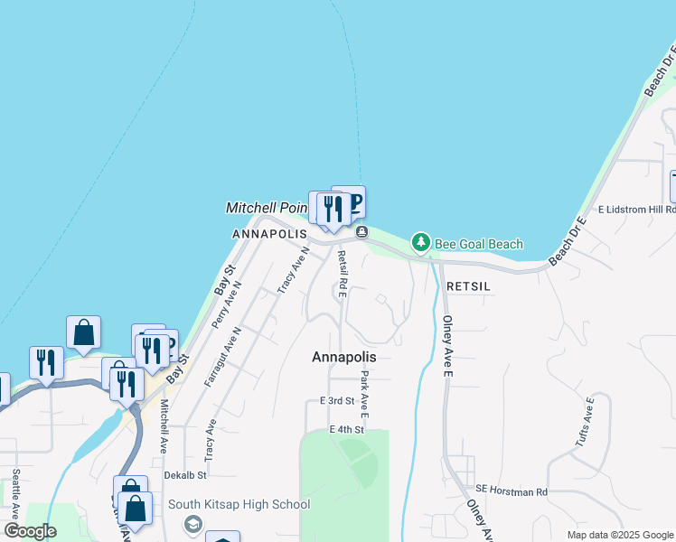 map of restaurants, bars, coffee shops, grocery stores, and more near 1400 Retsil Road East in Port Orchard