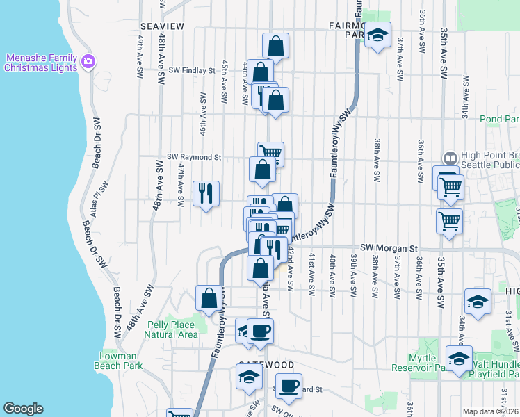 map of restaurants, bars, coffee shops, grocery stores, and more near 6307 California Avenue Southwest in Seattle