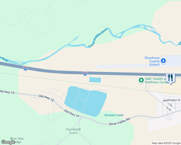 map of restaurants, bars, coffee shops, grocery stores, and more near Interstate 90 in Smelterville