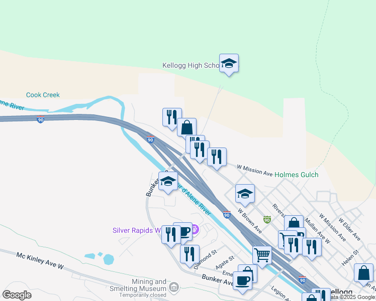 map of restaurants, bars, coffee shops, grocery stores, and more near 2 New Street in Kellogg