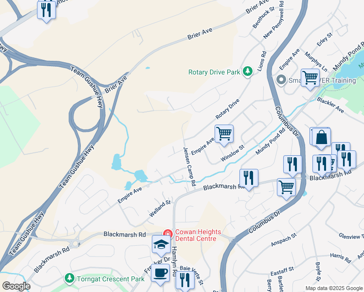 map of restaurants, bars, coffee shops, grocery stores, and more near 2 Jensen Camp Place in St. John's